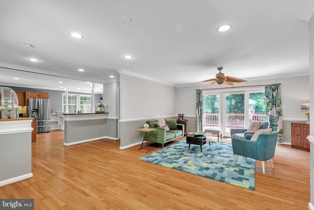 5722 Larpin Ln, Alexandria, VA 22310 - living room with crown molding, ceiling fan, light wood finished floors, and recessed lighting