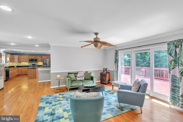 5722 Larpin Ln, Alexandria, VA 22310 - living area featuring ornamental molding, light wood-style floors, ceiling fan, and recessed lighting