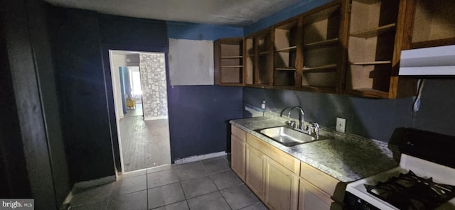 67 Vine St, Trenton, NJ 08638 - kitchen with white gas stove, open shelves, and tile patterned flooring