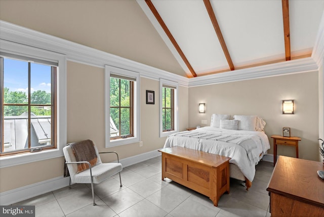 9 E Walnut St, Alexandria, VA 22301 - bedroom featuring beamed ceiling, high vaulted ceiling, and light tile patterned flooring