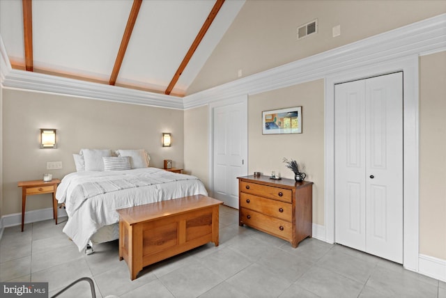 9 E Walnut St, Alexandria, VA 22301 - bedroom featuring high vaulted ceiling, light tile patterned flooring, beamed ceiling, and a closet