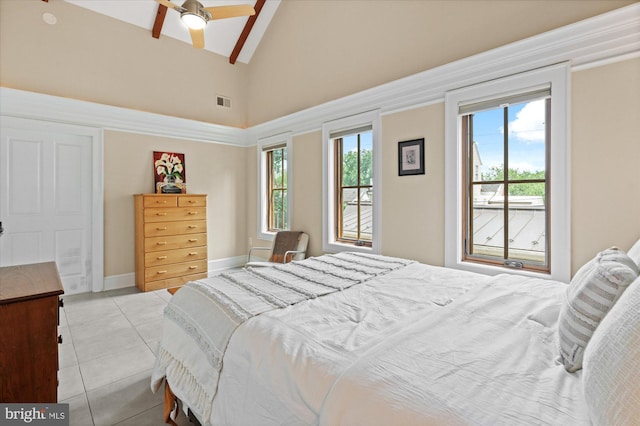 9 E Walnut St, Alexandria, VA 22301 - bedroom with light tile patterned flooring, high vaulted ceiling, and a ceiling fan