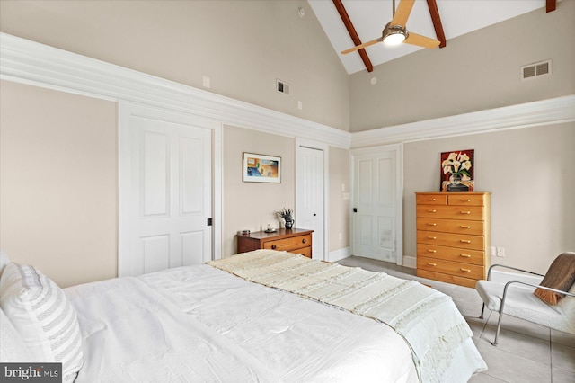 9 E Walnut St, Alexandria, VA 22301 - bedroom with high vaulted ceiling, a closet, a ceiling fan, and light tile patterned flooring