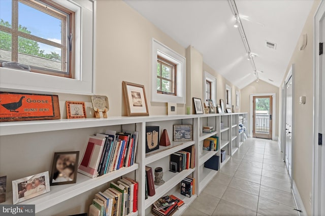 9 E Walnut St, Alexandria, VA 22301 - hallway with rail lighting, healthy amount of natural light, light tile patterned flooring, and vaulted ceiling