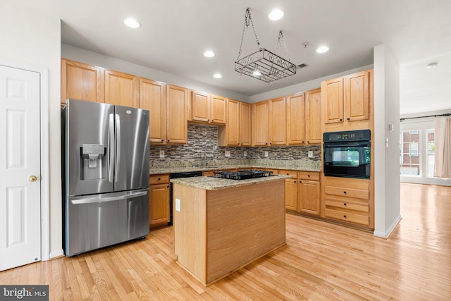 9956 Fragrant Lilies Way, Laurel, MD 20723 - kitchen featuring black appliances, light brown cabinetry, tasteful backsplash, light wood-style floors, and recessed lighting