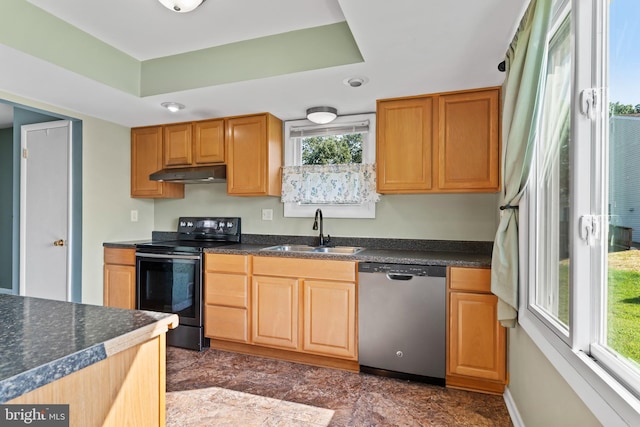 1142 Pheasant Dr N, Carlisle, PA 17013 - kitchen with stainless steel dishwasher, electric range oven, under cabinet range hood, dark countertops, and plenty of natural light