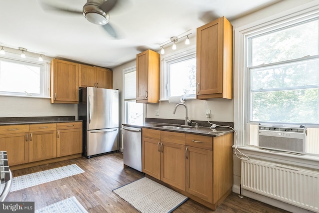 250 Maple Ave, Glenside, PA 19038 - kitchen with stainless steel appliances, radiator heating unit, healthy amount of natural light, and a ceiling fan