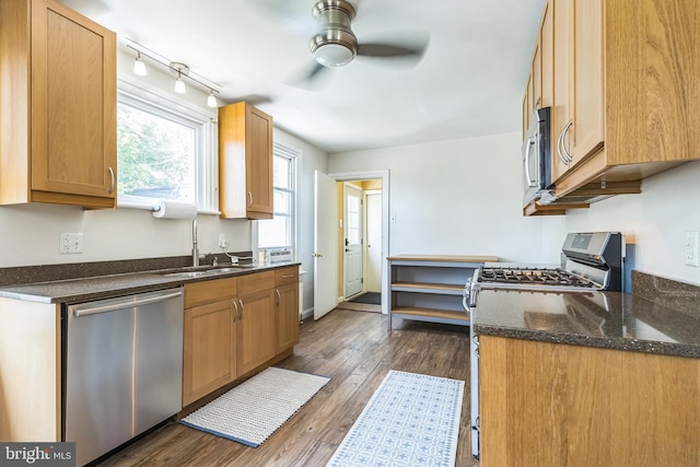 250 Maple Ave, Glenside, PA 19038 - kitchen featuring appliances with stainless steel finishes, a ceiling fan, dark wood finished floors, and dark stone countertops
