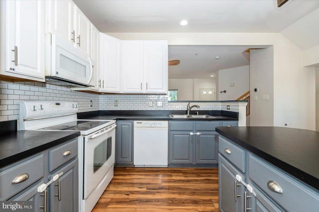 1724 Derrs Sq E, Frederick, MD 21701 - kitchen with white appliances, gray cabinetry, dark countertops, and recessed lighting
