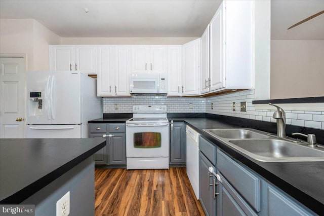 1724 Derrs Sq E, Frederick, MD 21701 - kitchen featuring white appliances, dark countertops, gray cabinets, and white cabinetry