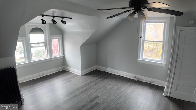 31 Maple Ave, Trenton, NJ 08618 - additional living space featuring radiator heating unit, a ceiling fan, plenty of natural light, vaulted ceiling, and dark wood-style floors