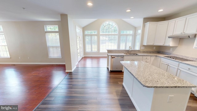 8117 Grayden Ln, Brandywine, MD 20613 - kitchen with dishwasher, black electric cooktop, dark wood-style flooring, a center island, and lofted ceiling