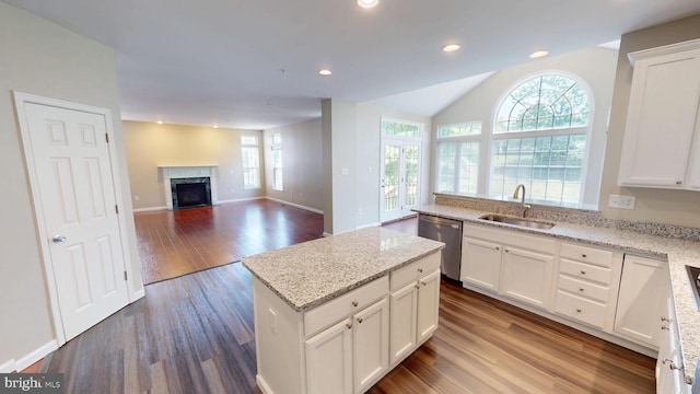 8117 Grayden Ln, Brandywine, MD 20613 - kitchen with stainless steel dishwasher, dark wood finished floors, a center island, a high end fireplace, and light stone countertops