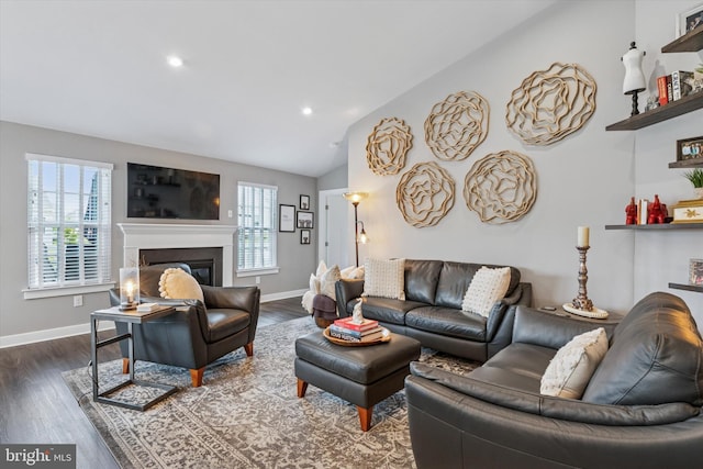 294 Letitia Manor Dr, West Grove, PA 19390 - living area with lofted ceiling, dark wood-style floors, a glass covered fireplace, and recessed lighting