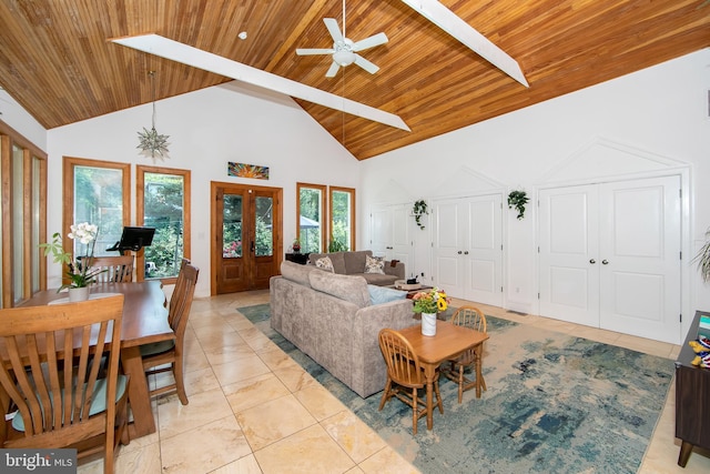 14 Utah Ave, Cherry Hill, NJ 08002 - living area featuring wood ceiling, high vaulted ceiling, french doors, light tile patterned flooring, and ceiling fan