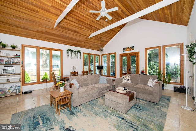 14 Utah Ave, Cherry Hill, NJ 08002 - tiled living room featuring french doors, a wood ceiling with exposed beams, healthy amount of natural light, high vaulted ceiling, and ceiling fan