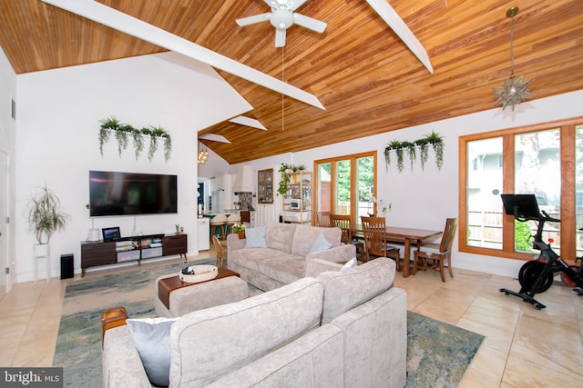 14 Utah Ave, Cherry Hill, NJ 08002 - living area featuring wood ceiling, tile patterned floors, a ceiling fan, and high vaulted ceiling