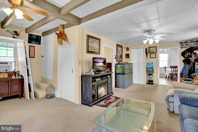 1124 Fairview Dr, Reading, PA 19605 - living room featuring a ceiling fan, carpet floors, cooling unit, and beam ceiling