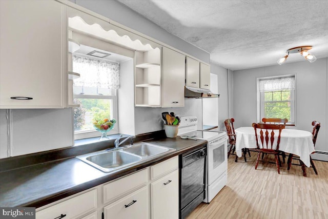 1124 Fairview Dr, Reading, PA 19605 - kitchen featuring white electric stove, dishwasher, under cabinet range hood, dark countertops, and open shelves