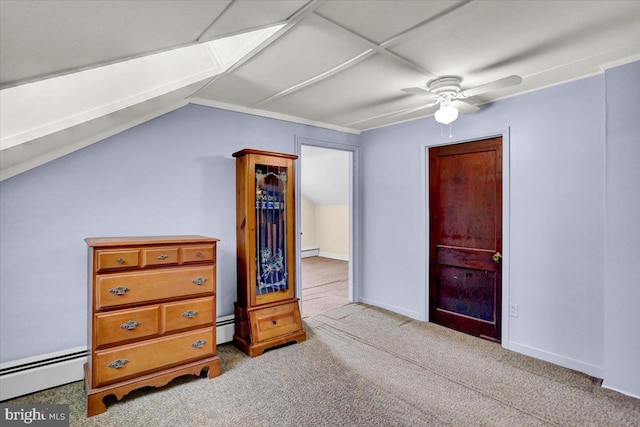 1124 Fairview Dr, Reading, PA 19605 - bedroom with a baseboard radiator, carpet floors, lofted ceiling, and a ceiling fan