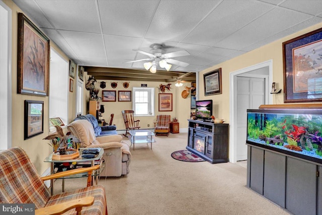 1124 Fairview Dr, Reading, PA 19605 - living area with a paneled ceiling, carpet, and ceiling fan