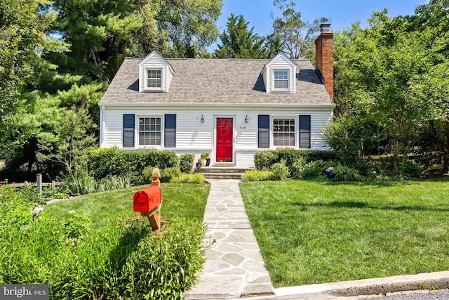 1516 Berwick Rd, Baltimore, MD 21204 - cape cod-style house featuring a front lawn, a shingled roof, and a chimney