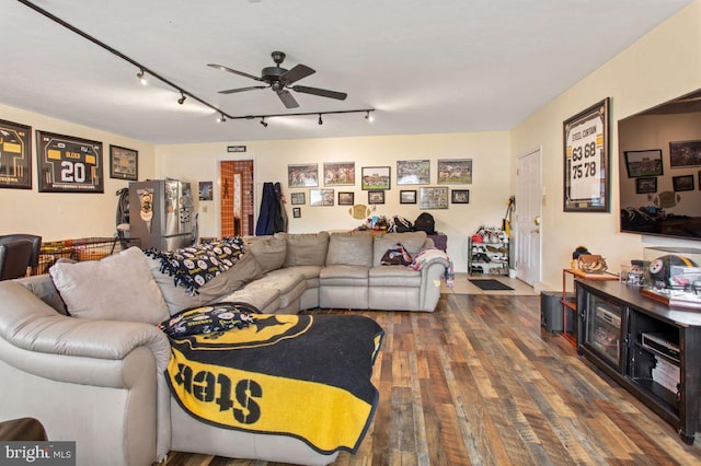 148 S Allwood Dr, Hanover, PA 17331 - living area with rail lighting, a ceiling fan, and dark wood-type flooring