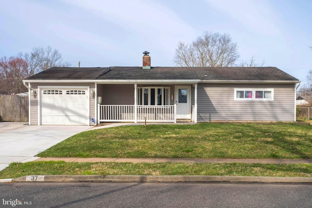 37 Outlook Ln, Levittown, PA 19055 - ranch-style home featuring covered porch, a garage, driveway, and a chimney