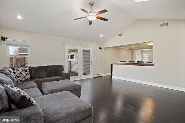 37 Outlook Ln, Levittown, PA 19055 - living area featuring ceiling fan, a baseboard heating unit, dark wood-type flooring, high vaulted ceiling, and recessed lighting