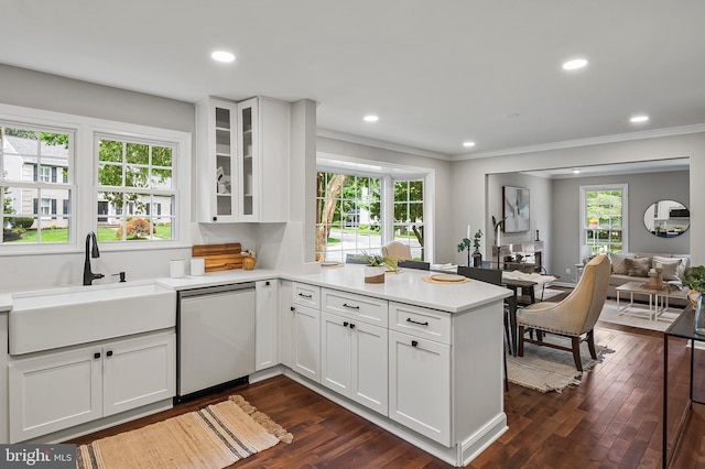 320 Redwood Grove Ct, Millersville, MD 21108 - kitchen featuring dishwasher, a peninsula, light countertops, white cabinets, and glass insert cabinets