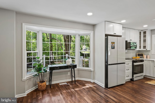 320 Redwood Grove Ct, Millersville, MD 21108 - kitchen featuring stainless steel appliances, dark wood-style floors, glass insert cabinets, white cabinets, and healthy amount of natural light