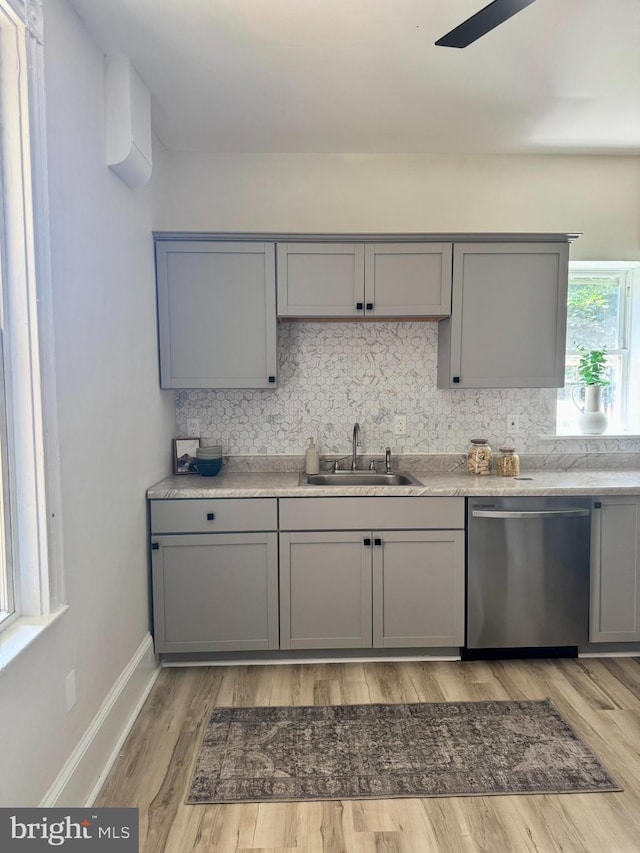 538 S Lime St, Lancaster, PA 17602 - kitchen with stainless steel dishwasher, gray cabinets, and decorative backsplash