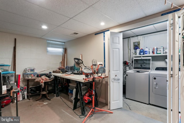 251 Kelly Dr, Harpers Ferry, WV 25425 - finished basement with washer and clothes dryer, concrete block wall, and a paneled ceiling