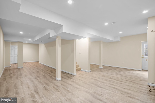 15321 Peach Orchard Rd, Silver Spring, MD 20905 - finished below grade area featuring light wood-style floors, recessed lighting, and stairway