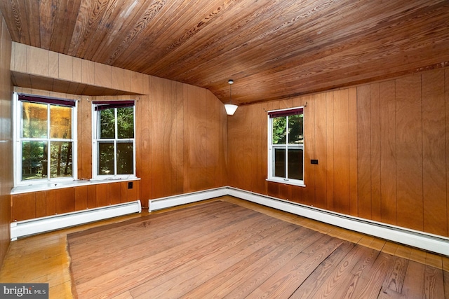 505 7th St, Mount Gretna, PA 17064 - empty room with baseboard heating, wood ceiling, wood-type flooring, and wood walls