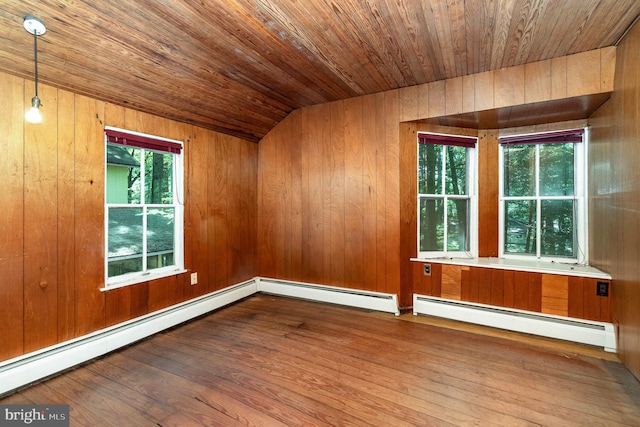 505 7th St, Mount Gretna, PA 17064 - empty room featuring baseboard heating, wooden ceiling, wood walls, wood finished floors, and vaulted ceiling