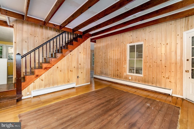505 7th St, Mount Gretna, PA 17064 - unfurnished living room featuring baseboard heating, hardwood / wood-style flooring, wooden walls, and stairway