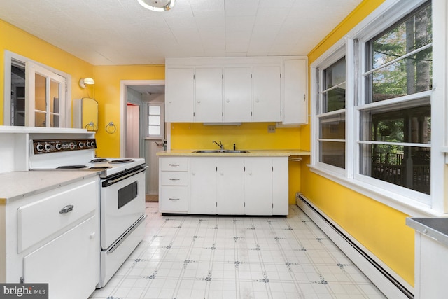 505 7th St, Mount Gretna, PA 17064 - kitchen featuring electric stove, a baseboard radiator, white cabinetry, and light countertops