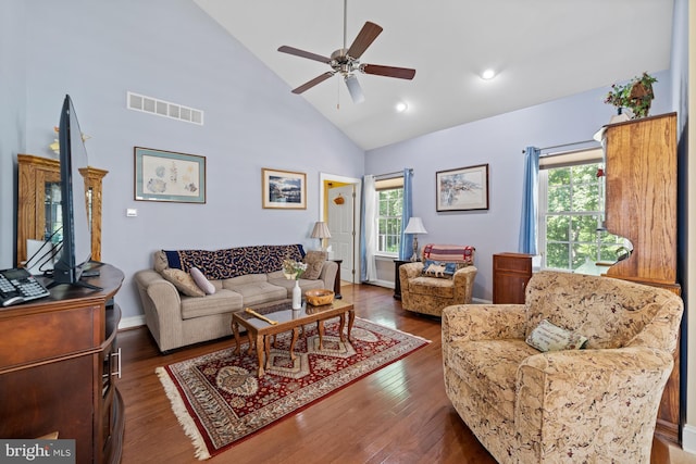 231 Lupine Dr, Smyrna, DE 19977 - living area with plenty of natural light, ceiling fan, wood finished floors, high vaulted ceiling, and recessed lighting