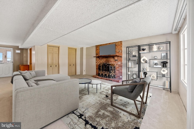 411 Parkstone Way, Broomall, PA 19008 - carpeted living room with a textured ceiling and a brick fireplace