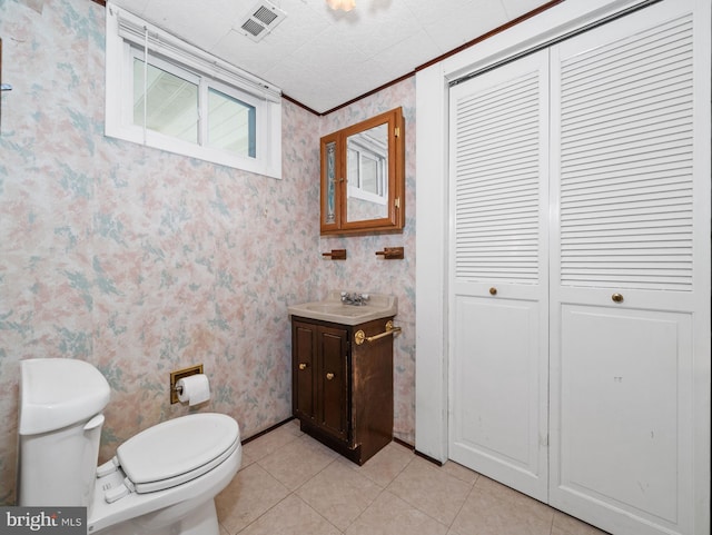411 Parkstone Way, Broomall, PA 19008 - bathroom featuring vanity, wallpapered walls, a closet, and tile patterned floors