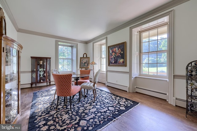5751 Mount Pisgah Rd, York, PA 17406 - dining space featuring ornamental molding, a baseboard radiator, and wood finished floors
