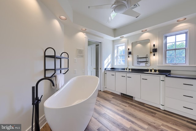 5751 Mount Pisgah Rd, York, PA 17406 - bathroom featuring double vanity, a soaking tub, ceiling fan, healthy amount of natural light, and recessed lighting