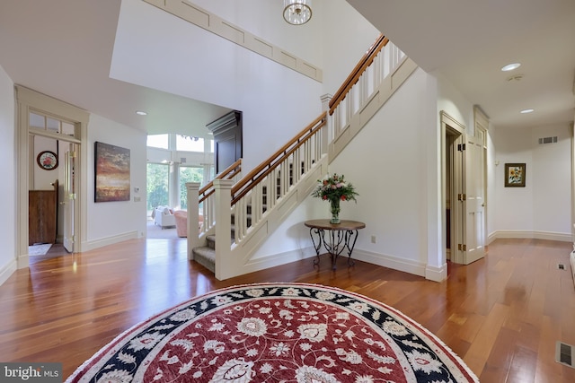 5751 Mount Pisgah Rd, York, PA 17406 - foyer entrance with wood finished floors, stairway, a towering ceiling, and recessed lighting