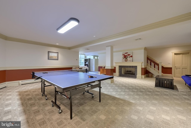 5751 Mount Pisgah Rd, York, PA 17406 - game room with ornamental molding, light colored carpet, and a fireplace