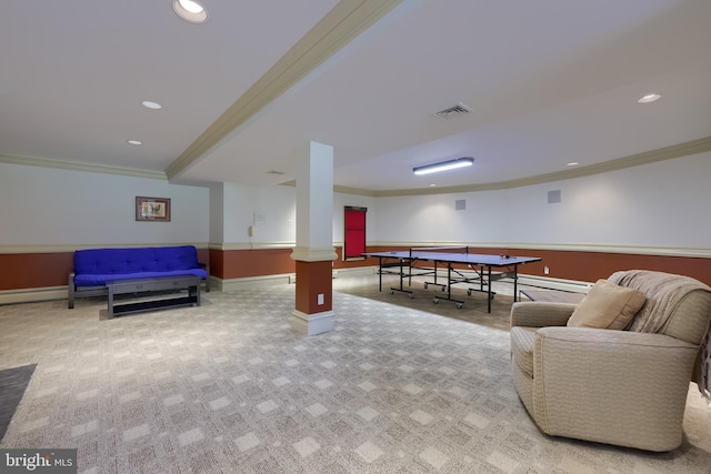 5751 Mount Pisgah Rd, York, PA 17406 - game room featuring crown molding, recessed lighting, carpet floors, and a baseboard heating unit