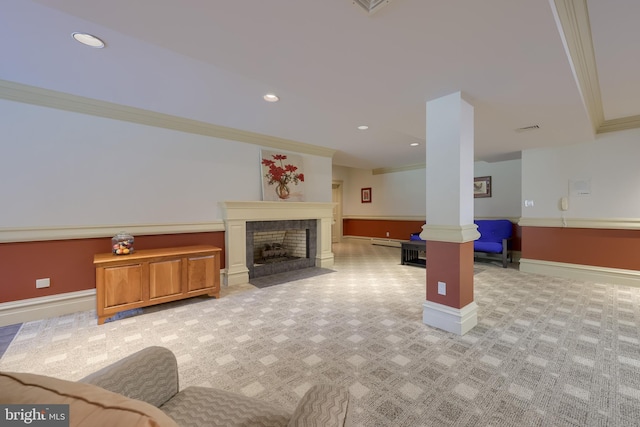 5751 Mount Pisgah Rd, York, PA 17406 - living area with ornamental molding, decorative columns, recessed lighting, a fireplace, and light colored carpet