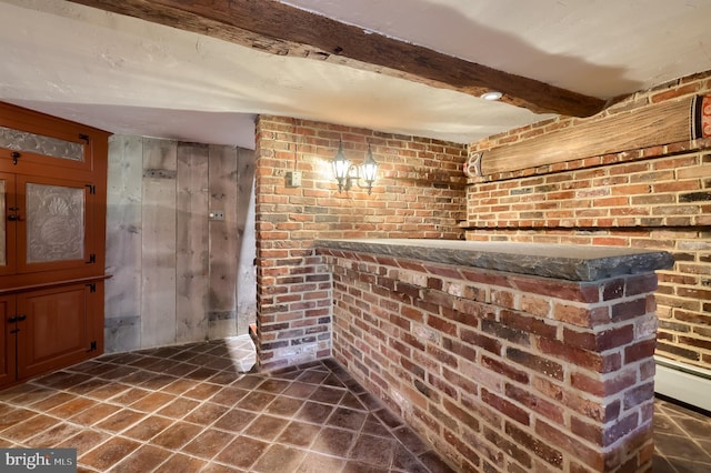 5751 Mount Pisgah Rd, York, PA 17406 - bar area with beam ceiling, brick wall, and wooden walls