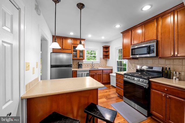206 E Lake Ave, Baltimore, MD 21212 - kitchen with stainless steel appliances, decorative light fixtures, backsplash, open shelves, and light wood-style flooring