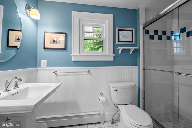 206 E Lake Ave, Baltimore, MD 21212 - full bath with a baseboard radiator, wainscoting, a stall shower, and tile patterned flooring